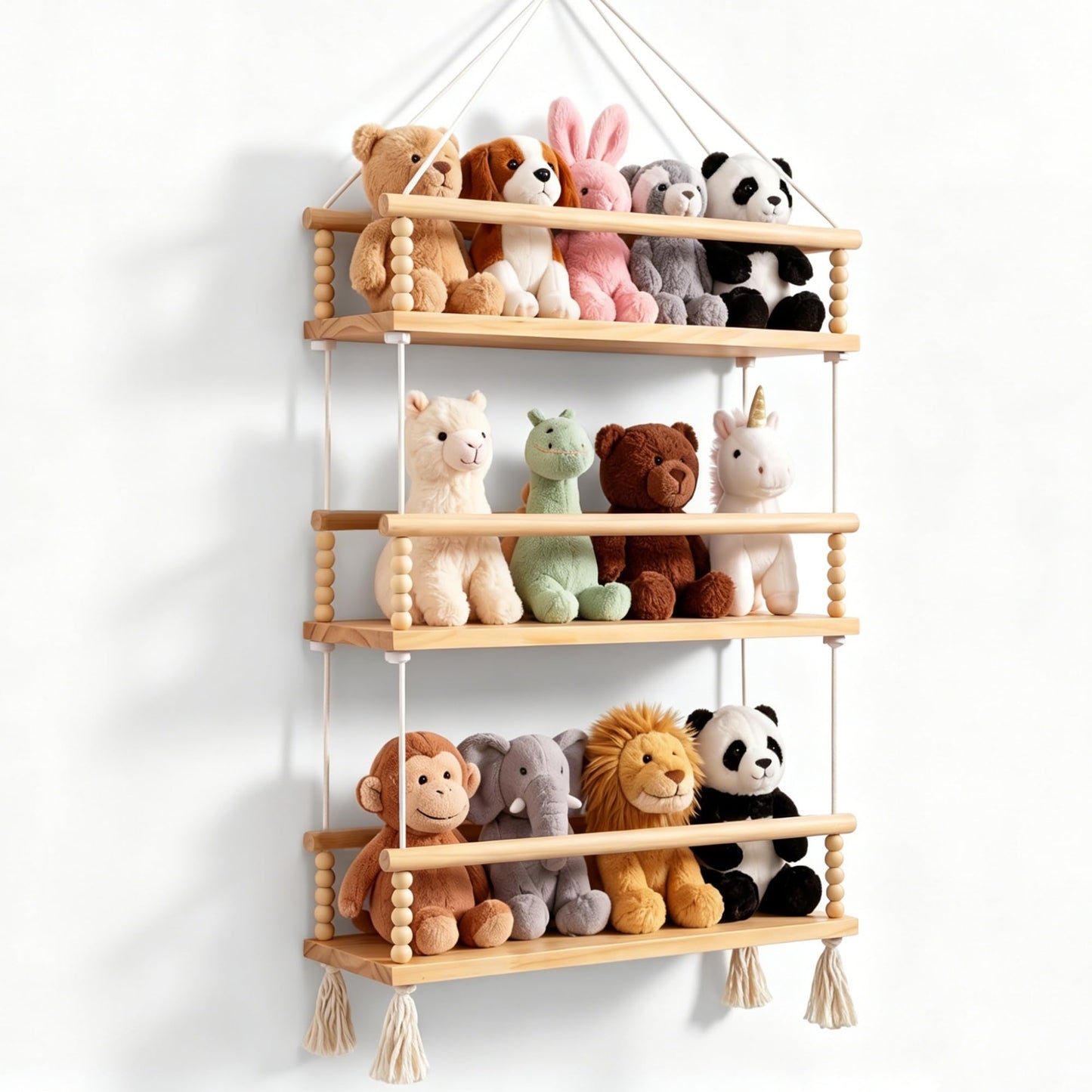 Novabright 3 Tier Stuffed Animal Storage Organizer Adjustable Hanging Plush Toy Display Shelf Boho Stuffy Hammock Storage Wooden Floating Shelf for Nursery Playroom Kids Wall Door Room Decor
