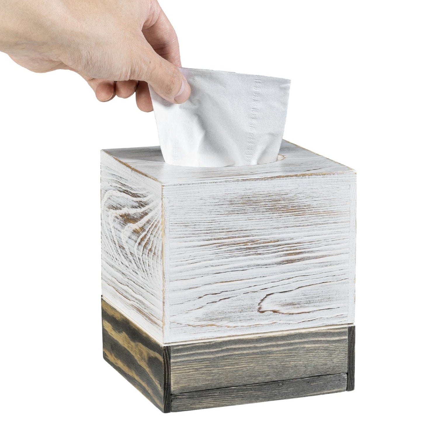 MyGift Coastal Chic Square Tissue Box Cover, Two-Tone Whitewashed Solid Wood Facial Tissue Box Dispenser Cover with Vintage Graywashed Base and Easy Slide-Out Bottom Panel, 5.5 x 5.5 x 6.3 Inches