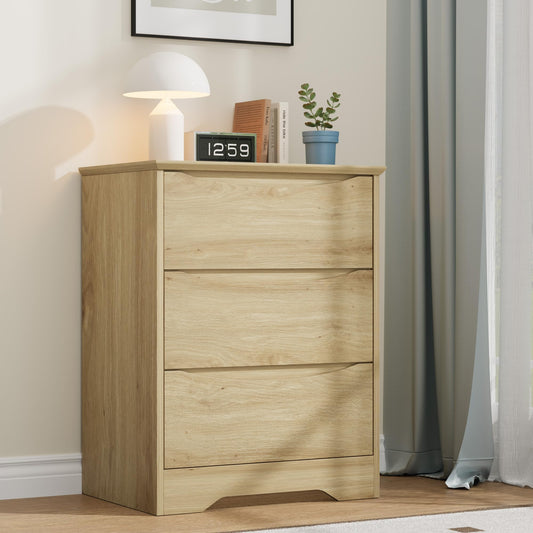 Garvee Wooden Dresser with 3 Drawers, Tall Modern Closet with Deep Storage, Large Chest of Drawers with Wide Top, Long Storage Dresser for Bedroom, Living Room, Hallway, Kids Room, Natural