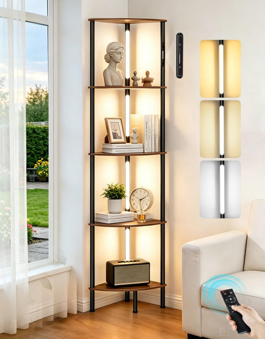 OUTONLIFE 5-Tier Corner Bookshelf with LED Lights, Touch & Remote Control, 3 Color Temperatures, Dimmable Narrow Display Shelf for Living Room, Bedroom, Office(Rustic Brown)