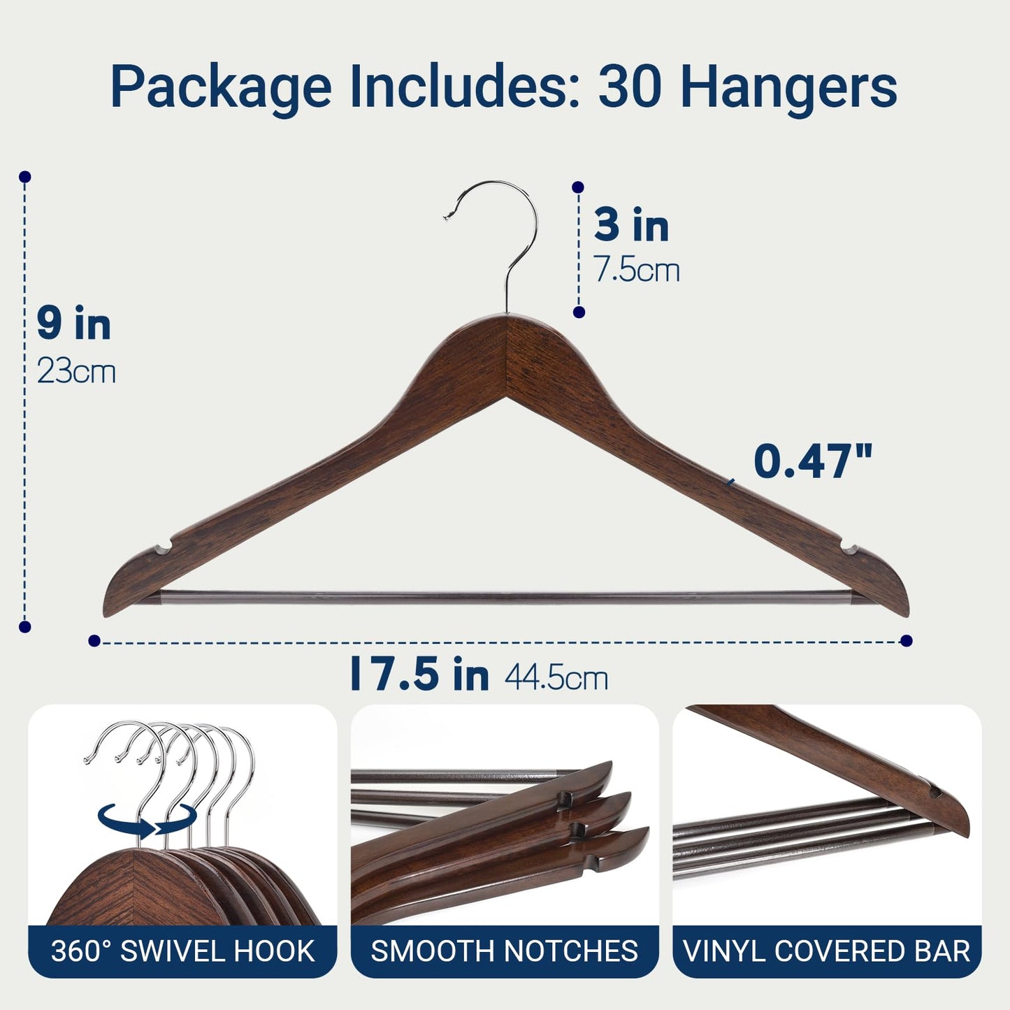 Amber Home 30 Pack Retro Wooden Coat Hangers, Vintage Wood Suit Hangers with Non-Slip Pant Bar, Clothes Hangers for Closet Organization, Shirts, Jackets, Dresses, and Pants (Retro, 30)