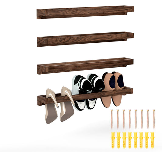 lesolar Wall Mounted Shoe Rack 30in, Hanging Shoe Organizer Rack 4 Pack, Solid Wood Shoe Storage Rack Rustic Burnt, Wooden Shoe Shelf Rack, Hanging Shoe Organizer Holder for Closet Door RV Entryway