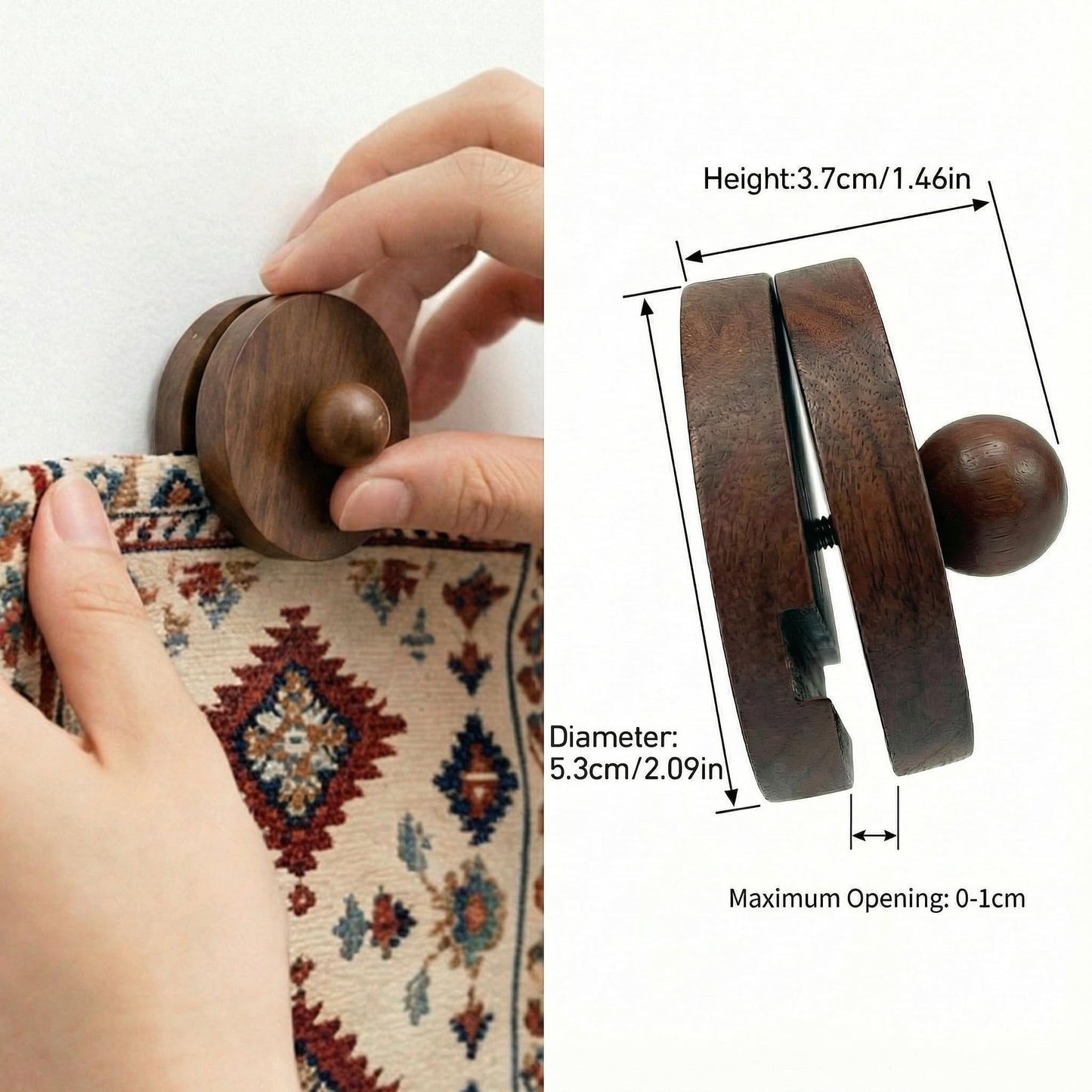 4pcs Walnut Adjustable Large Quilt Hanger for wall for Display,Wooden Heavy Duty wall Hanger Clips for Tapestry,Rug,Carpet and Duvet Covers,Poster Frame Nails and Hanging kit (Rustic Round Clip)
