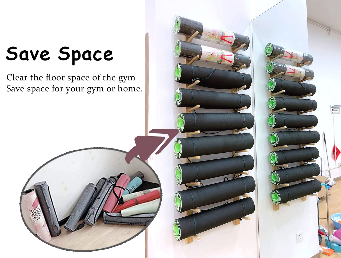 Yoga Mat Holder 9 Layer Wood Yoga Mat Holder for Commercial Gym, Wall Mount Home Yoga Mat Storage Racks for Hanging Exercise Mats, Freestanding Display Shelf