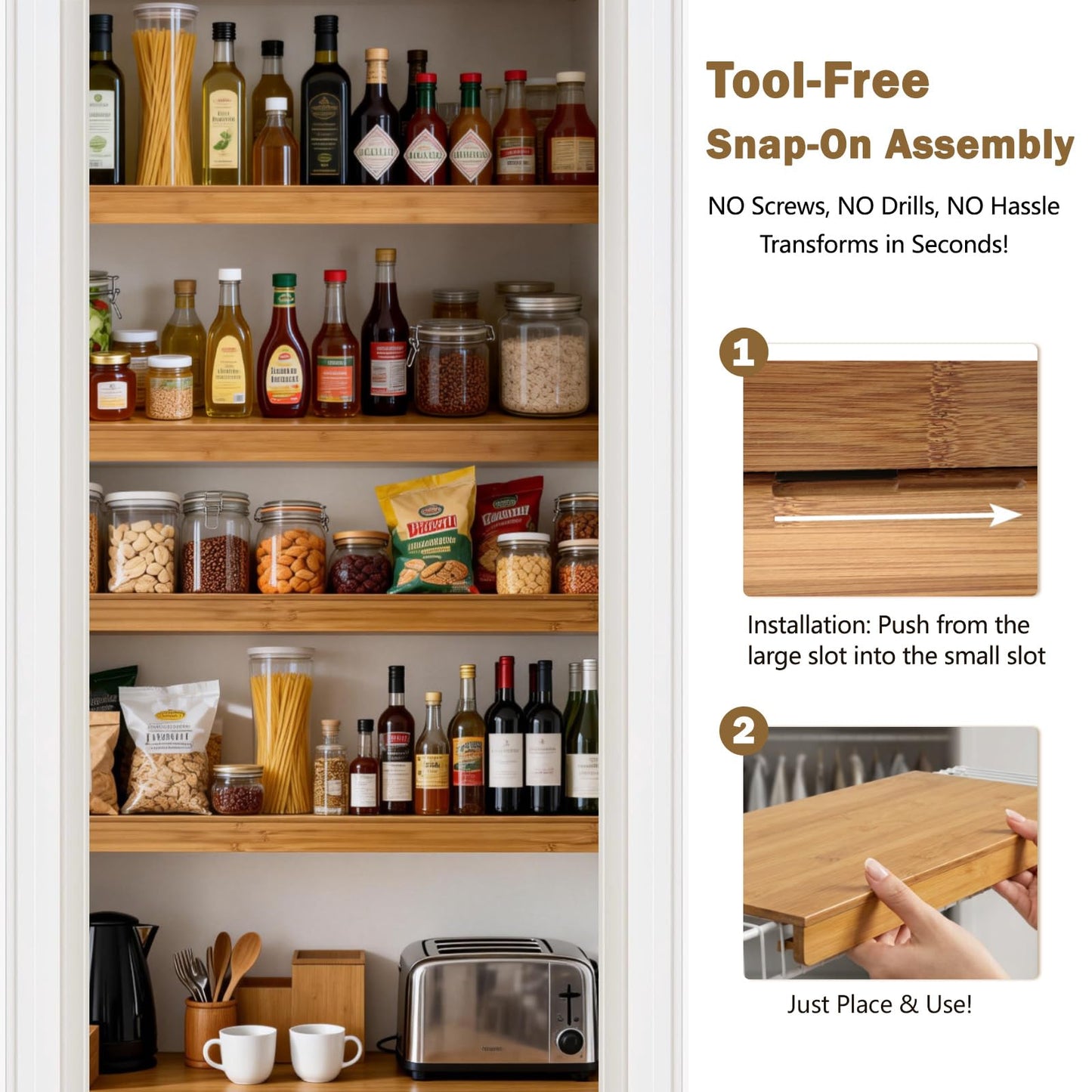 Fobyni Solid Carbonized Bamboo Wire Shelf Covers for Wire Shelving, Wire Rack Covers for Pantry Shelves, Tool-Free & Snap-On (5pcs, 32" W x 12" D)