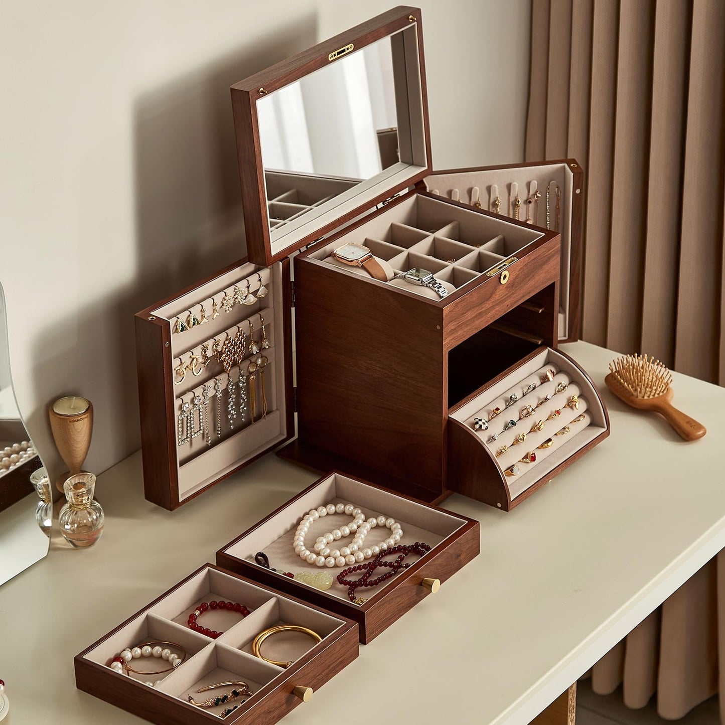 Homruilink Black Walnut Wooden Jewelry Box, Wood Jewelry Organizer with 2 Side Doors Mirror Lockable Classical for Watch Necklace Ring Earring, Fathers Day Gift-4 Layer with Curved Ring Grooves