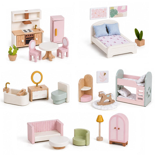 Giant bean 33PCS Wooden Dollhouse Furniture Set for Kids, Modern Pink Doll House Furniture Accessories with Bedroom, Nursery, Kitchen, Bathroom,Living Room, Montessori Pretend Play Toys for Girls 3+