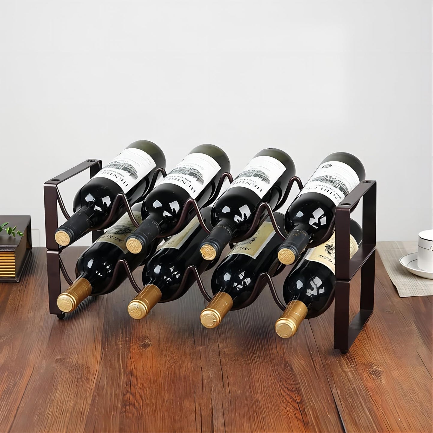 REDANT 2-Tier Stackable Wine Rack for Countertop - Metal Wine Bottle Holder, Small Wine Storage Organizer for Inside Cabinet, Kitchen, Bar, or Dining Room, Holds 8 Bottles, Bronze