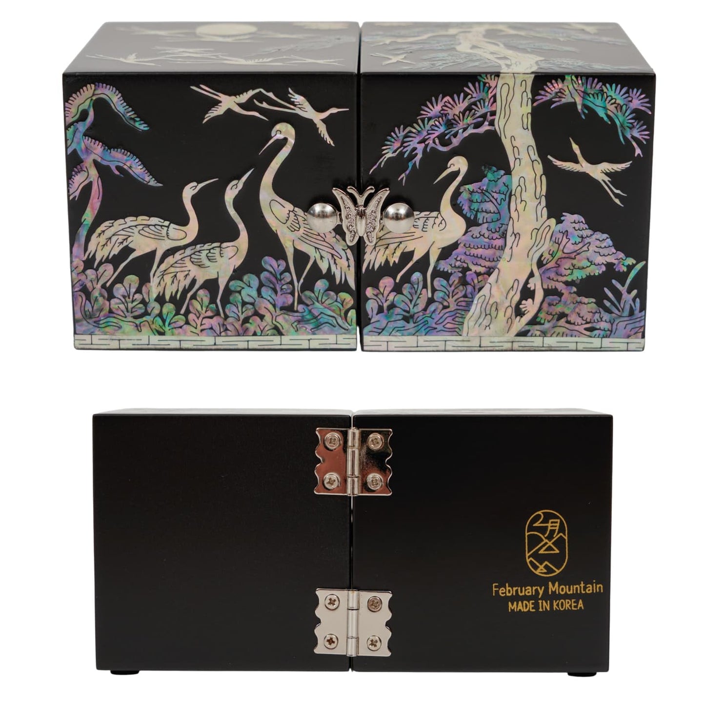 February Mountain Mother of Pearl Sea Shell Inlaid Wooden Cube Jewelry Organizer Box - Perfect for, Bracelets, Trinkets, Watches, Earrings, Chains & Accessories