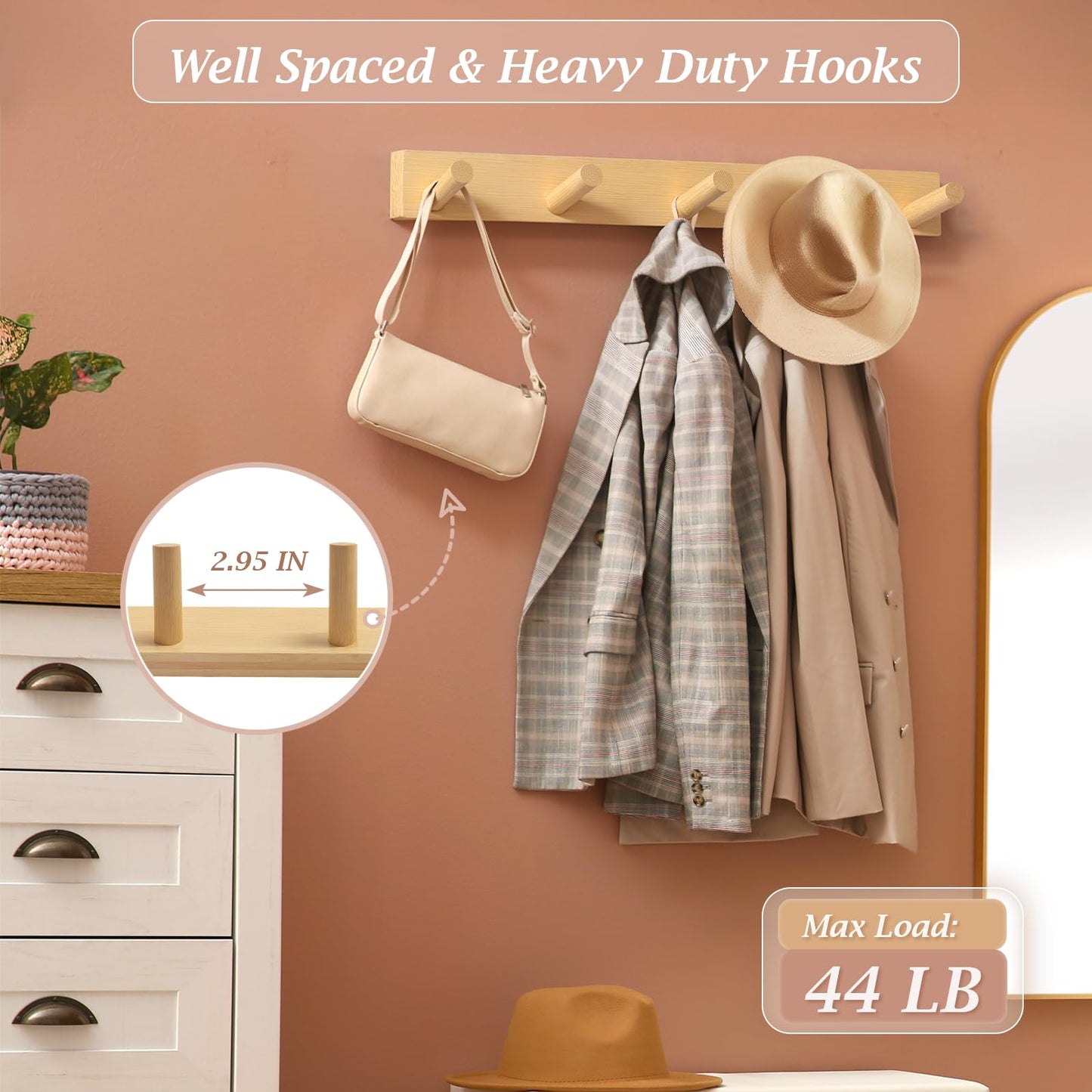 HOMEBROS Coat Rack Wall Mount, Wooden Coat Hanger with 5 Hooks, Heavy Duty, Natural, 1 Pcs