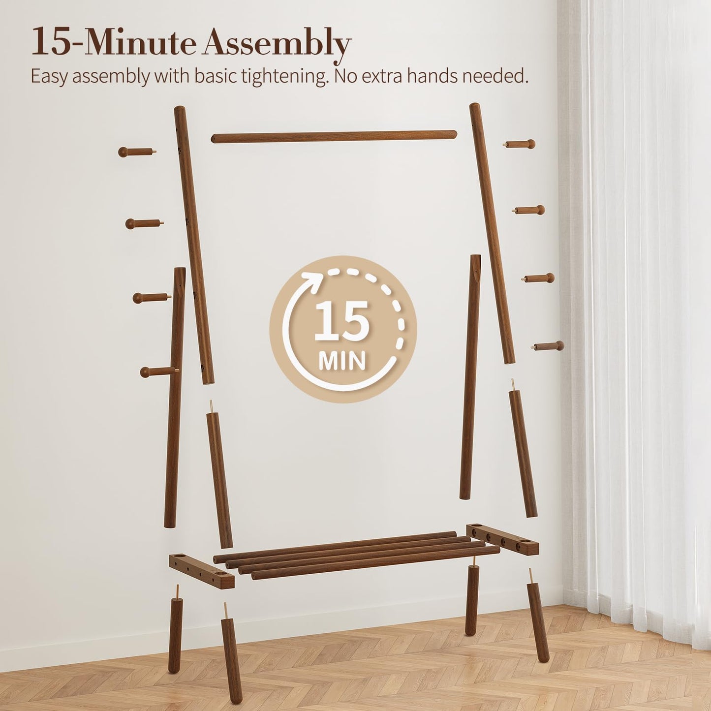 Yoobure Solid Wood Clothes Rack - Heavy Duty Clothing Racks for Hanging Clothes with 8 Hooks, Portable Garment Rack for Dress Shirt Shoe, Freestanding Wardrobe Coat Racks with Shelf for Closet Bedroom