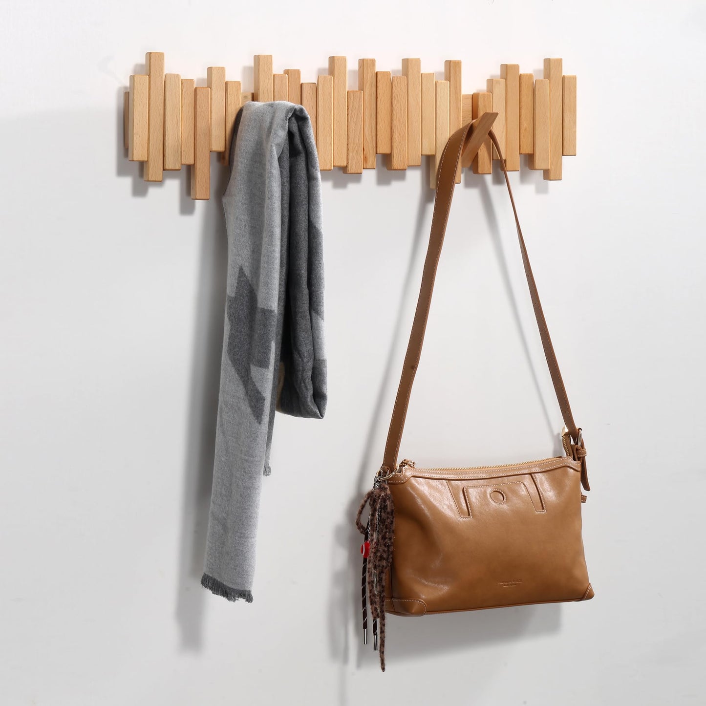 Acsigesn Wooden Coat Rack Wall Mounted Sticks Multi Rack Solid Handmade Natural Beech Wood Artwork with 5 Flip-Down Unique Modern Hooks for Coats Bag Hat Umbrella
