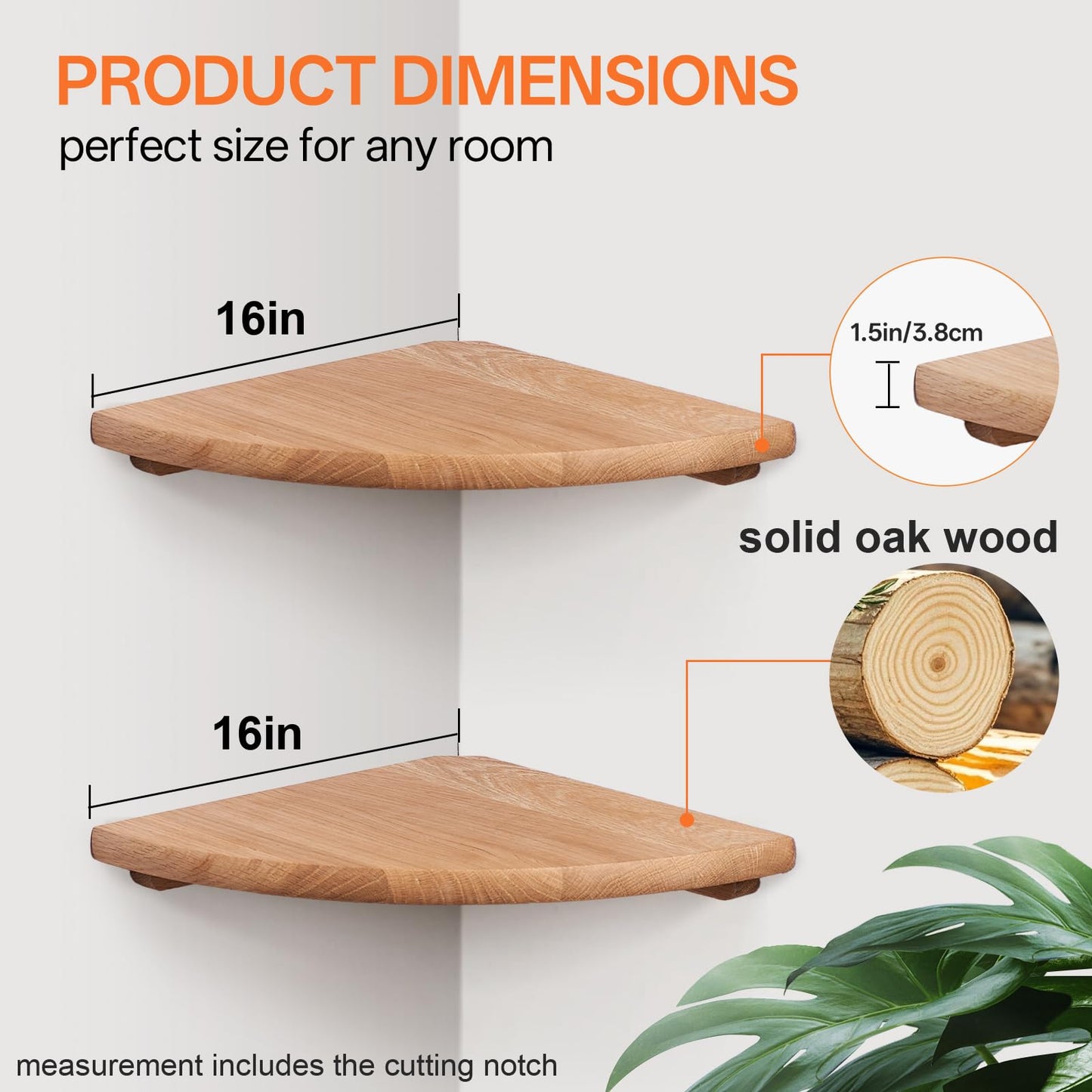 Gieanoo Floating Corner Shelves for Wall Set 2 16inch Solid Oak Rounded Corner Shelves Wall Mounted with Cable Hole Wood Corner Hanging Shelves for Living Room Bedroom Bathroom Kitchen