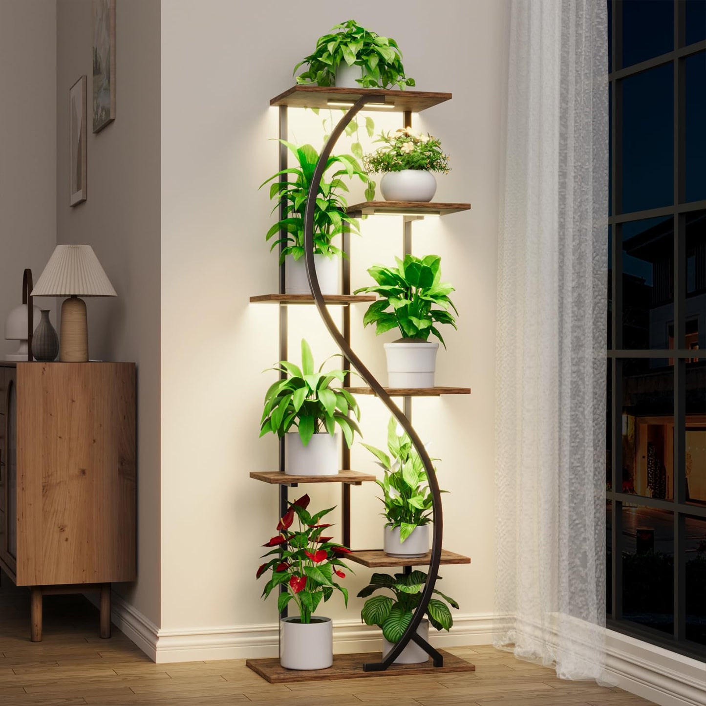 MJOMKN 59" Tall Plant Stand with Grow Light Indoor, 7 Tiered Metal Plant Shelf, S-Shaped Flower Display Stand, Corner Storage Shelf for Living Room, Patio, Balcony Decor