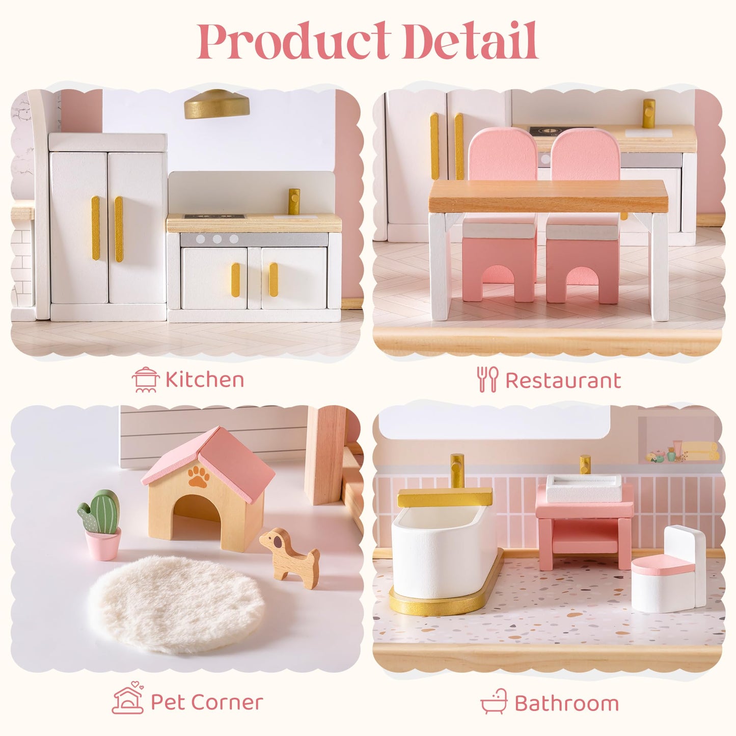 ROBOTIME Wooden Dollhouse Furniture Set, 28 PCS Miniature Dollhouse Furniture with 6 Room Kits, Dollhouse Accessories and Pretend Play Furniture, Gift for Boys and Girls Ages 3+