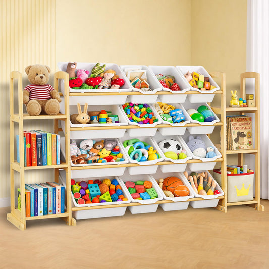 Etitlly Kids Toy Storage Organizer with Bookshelf – Wooden Shelf with 16 Bins & 6 Shelves, Quick Assembly Storage Rack for Playroom, Bedroom, Nursery - White