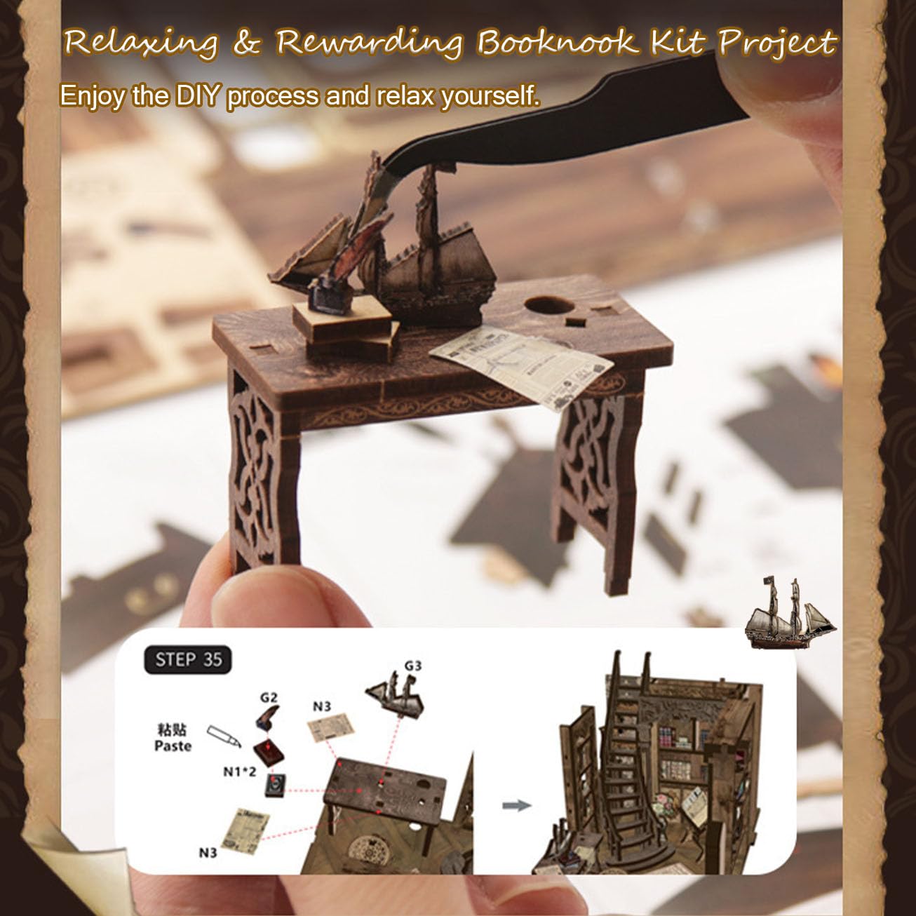 Book Nook Kit, DIY Miniature House Kit for Bookshelf Decor, 3D Wooden Puzzles Decorative Bookends for Adults, Teens and Beginners, Craft Kits Tiny House Book Lovers Gifts for Family Friends Birthday