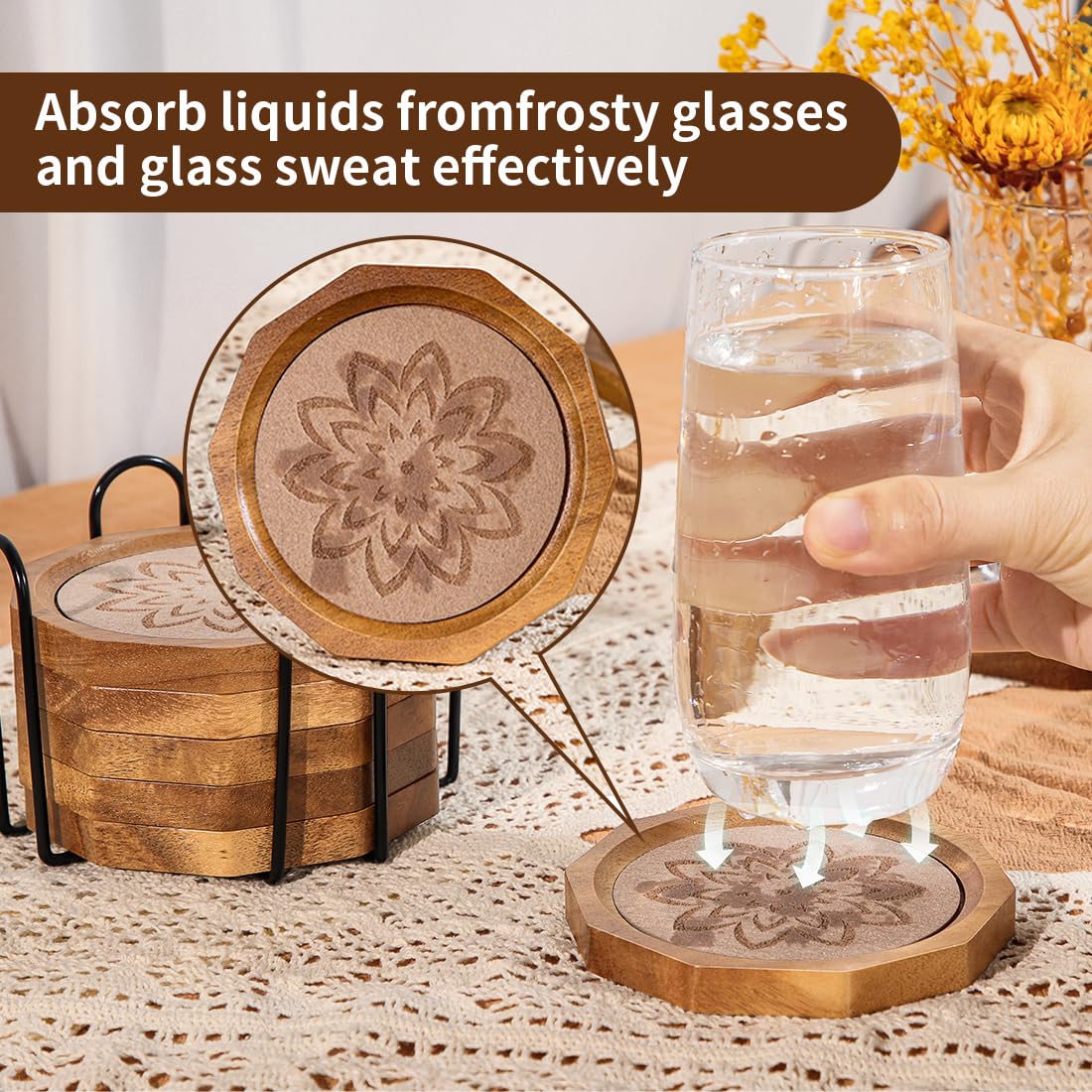 Wood Coasters for Drinks Absorbent with Lip, 4.3 Inch Acacia Wood Camel Felt Coaster with Holder for Wooden Coffee Table for Cups, Mugs, and Glasses - Set of 6