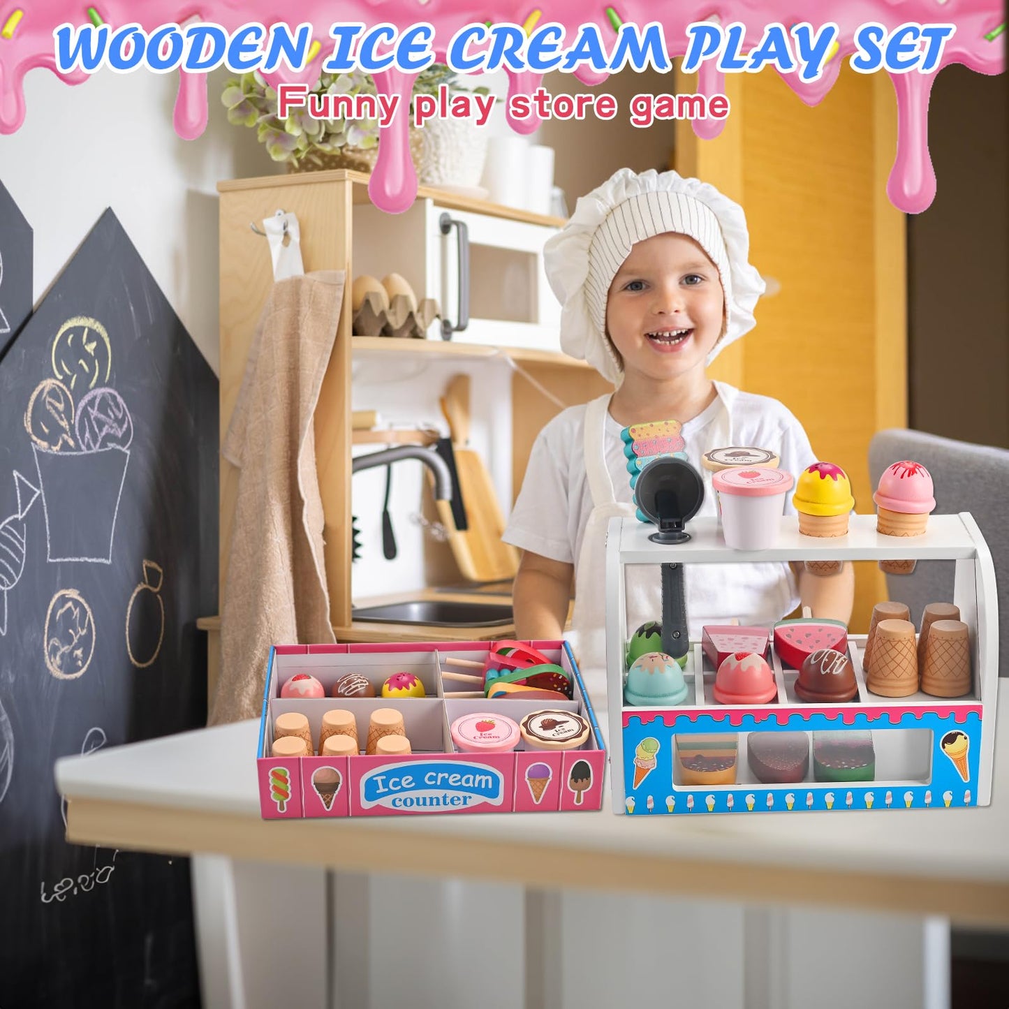 WoodTrove Ice Cream Play Set, Wooden Ice Cream Toy, Wooden Play Food, Ice Cream Shop Playset, Pretend Play Toys for Toddlers, Kitchen Toys Gift for Girls Boys 3 4 5 6 Year Old