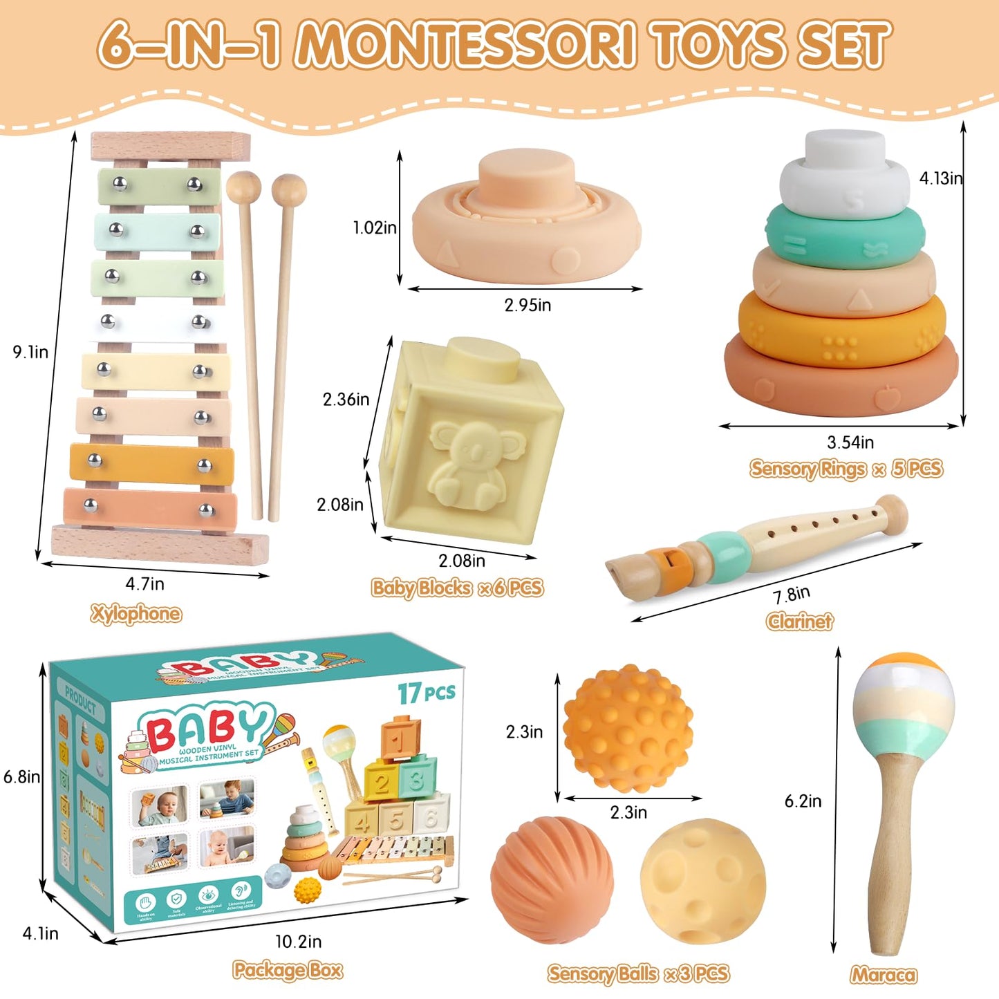 Wuzhineisn Baby Toys Montessori Toys 6 in 1 Musical Instruments for Toddler, Stacking Blocks Development Learning Educational Toy with Wooden Xylophone Infant Baby Birthday Gift
