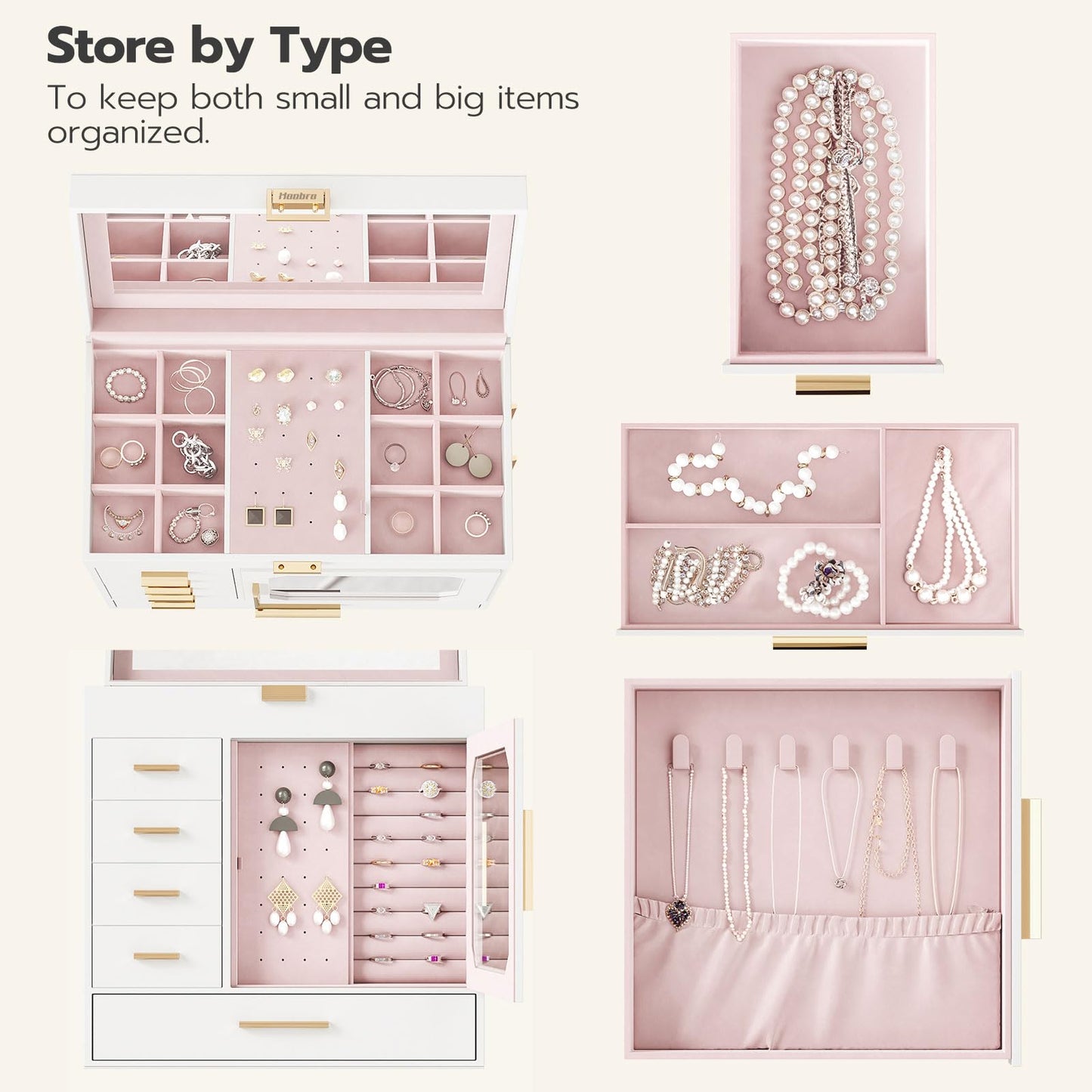 HOOBRO Jewelry Box with Mirror, Jewelry Organizer Box with Capacious Storage Space and 360° Rotating Jewelry Box, Wooden Jewelry Organizer Bundle, WT06JB04G1-BH30JB04