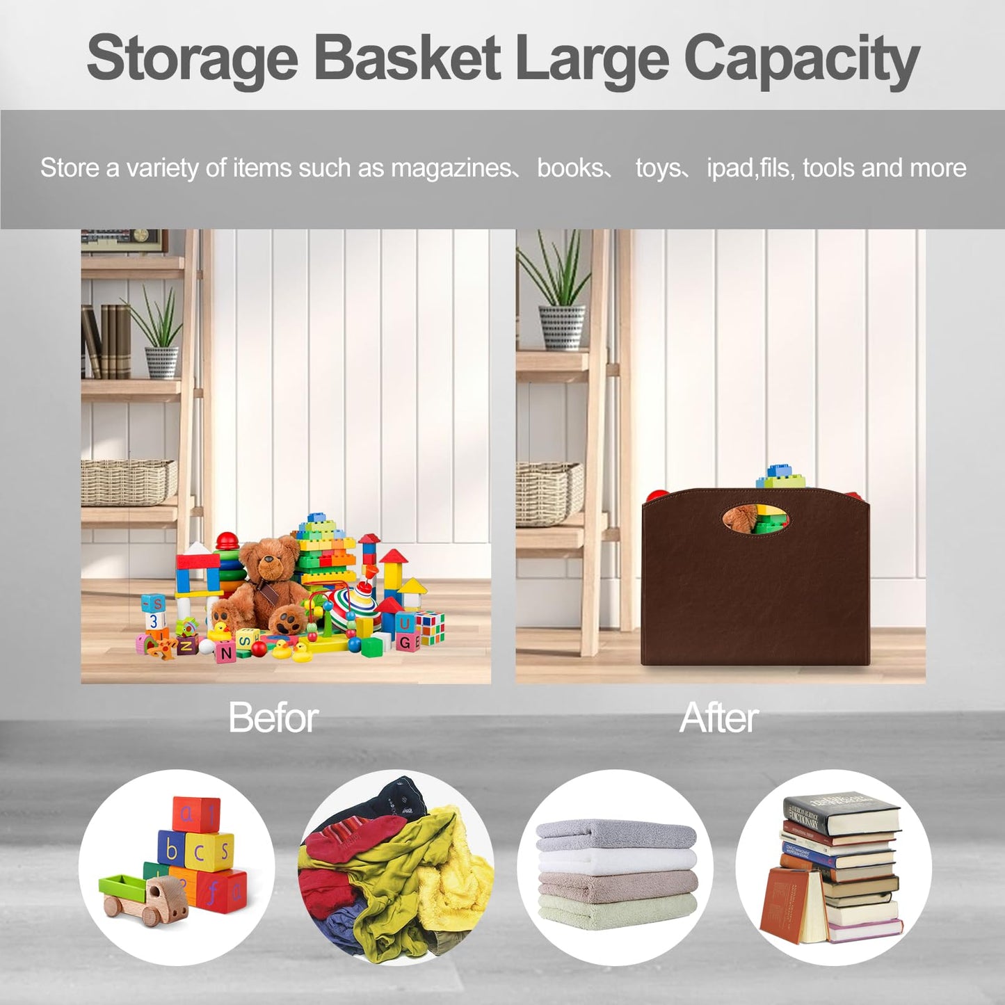 PreTidy Magazine Rack Floor foldable Magazine Holders Basket Organizer Newspaper Storage Bin Organizer for Home Document File Holder brown
