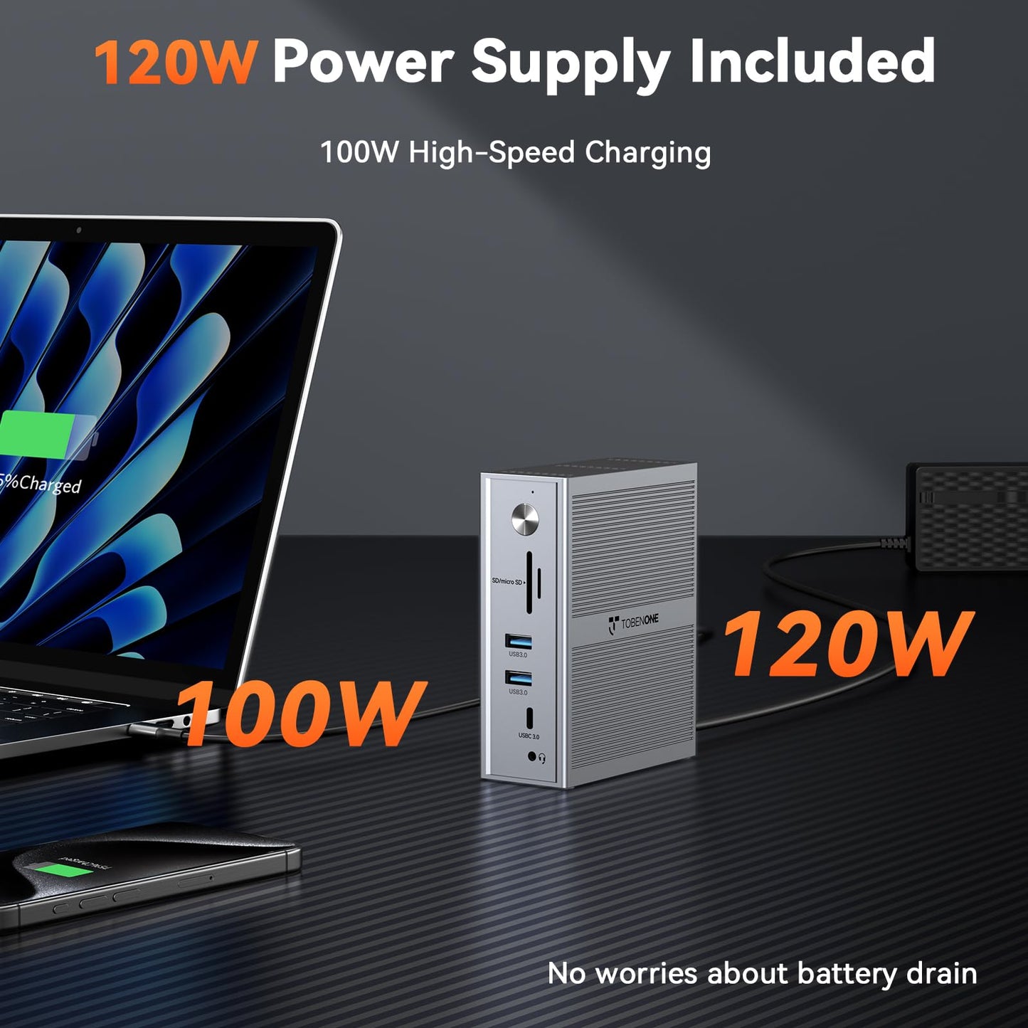 TobenONE USB C Laptop Docking Station 3 Monitors, Triple 4K DisplayLink Dock with 120W Power Adapter, for MacBook M1-M5/Mac mini/Windows, 3X HDMI, 5X USB, Gigabit Ethernet, Driver Required