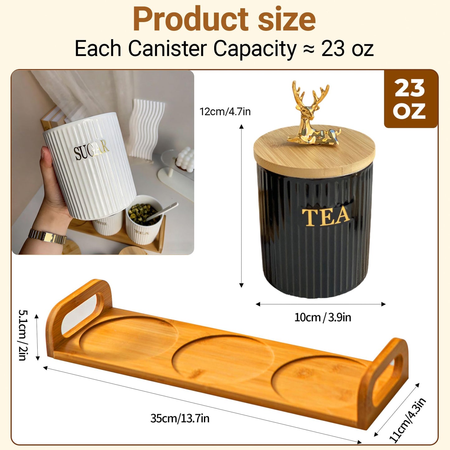 Bryasha Airtight Ceramic Canisters Set of 3 with Wooden Tray - Kitchen Counter Storage Containers for Sugar, Coffee, Tea - Food Storage Jars With wooden lid and spoon Rotating Deer (black)