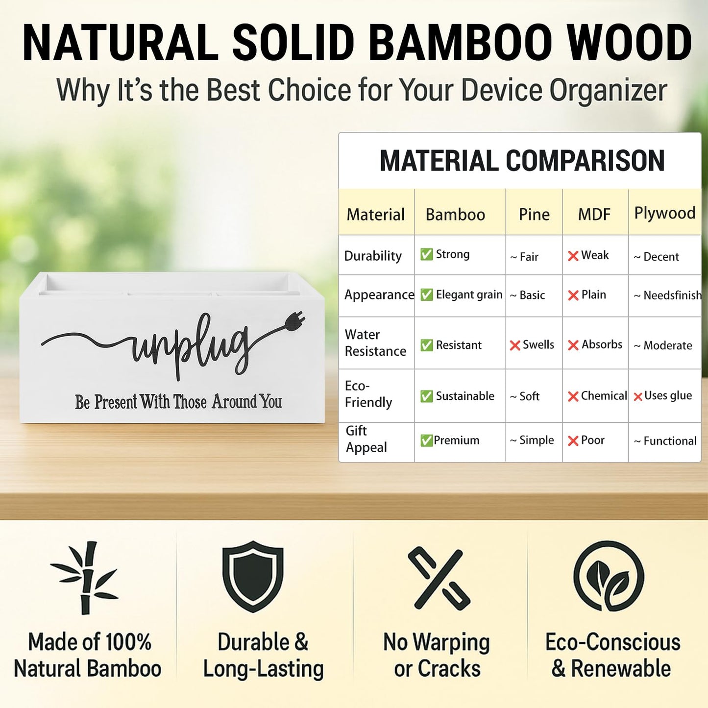 Bamboo Wood Phone Box – Unplug from Phones, Tablets, and Electronics for Study, Meetings, and Family Time, Phone Holder Organizer with Charging Holes, Farmhouse Style, Holds Up to 18 Phones-White