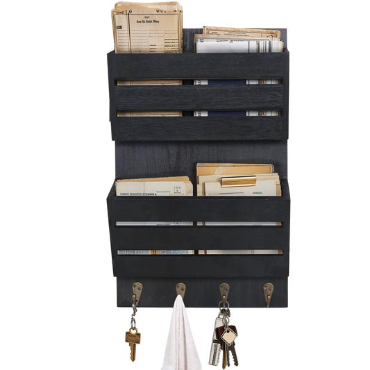 SWALLOW BRAND Mail Organizer Wall Mount with 4 Key Hooks, Rustic Wooden Hanging Mail Sorter Farmhouse Key Holder for Wall Decoration, 2-Slot Wall File and Magazines Bill Letter Holder
