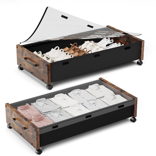 Under Bed Storage with Wheels, Wooden Under the Bed Storage with Remove Lid, Rolling Underbed Storage Drawers, Large Metal Storage Bins for Shoes Blankets Clothes Bedrooms Dorms (Vintage Brown-2pack)
