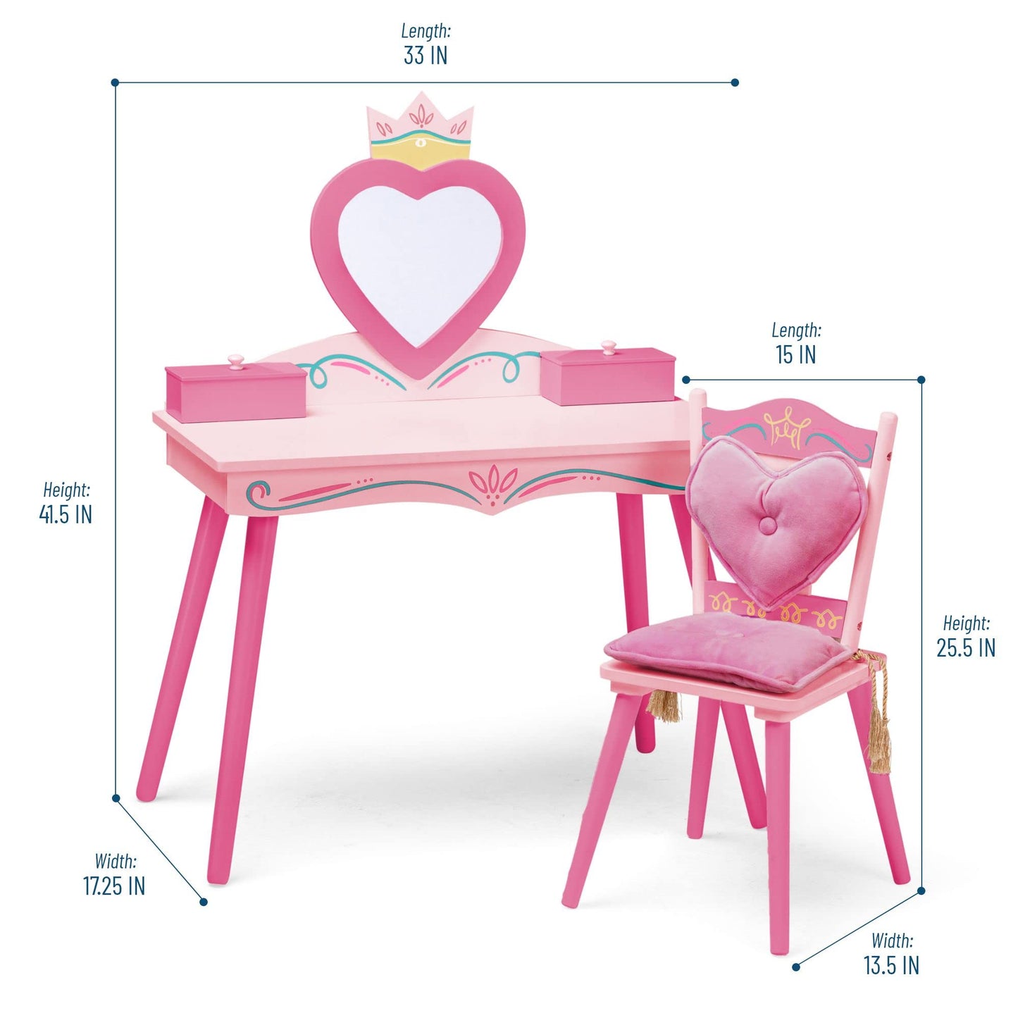 Wildkin Kids Princess Vanity & Chair Set – Wooden Vanity for Girls with Mirror, Jewelry Box & Music Box, with Removable Cushioned Chair - Pink