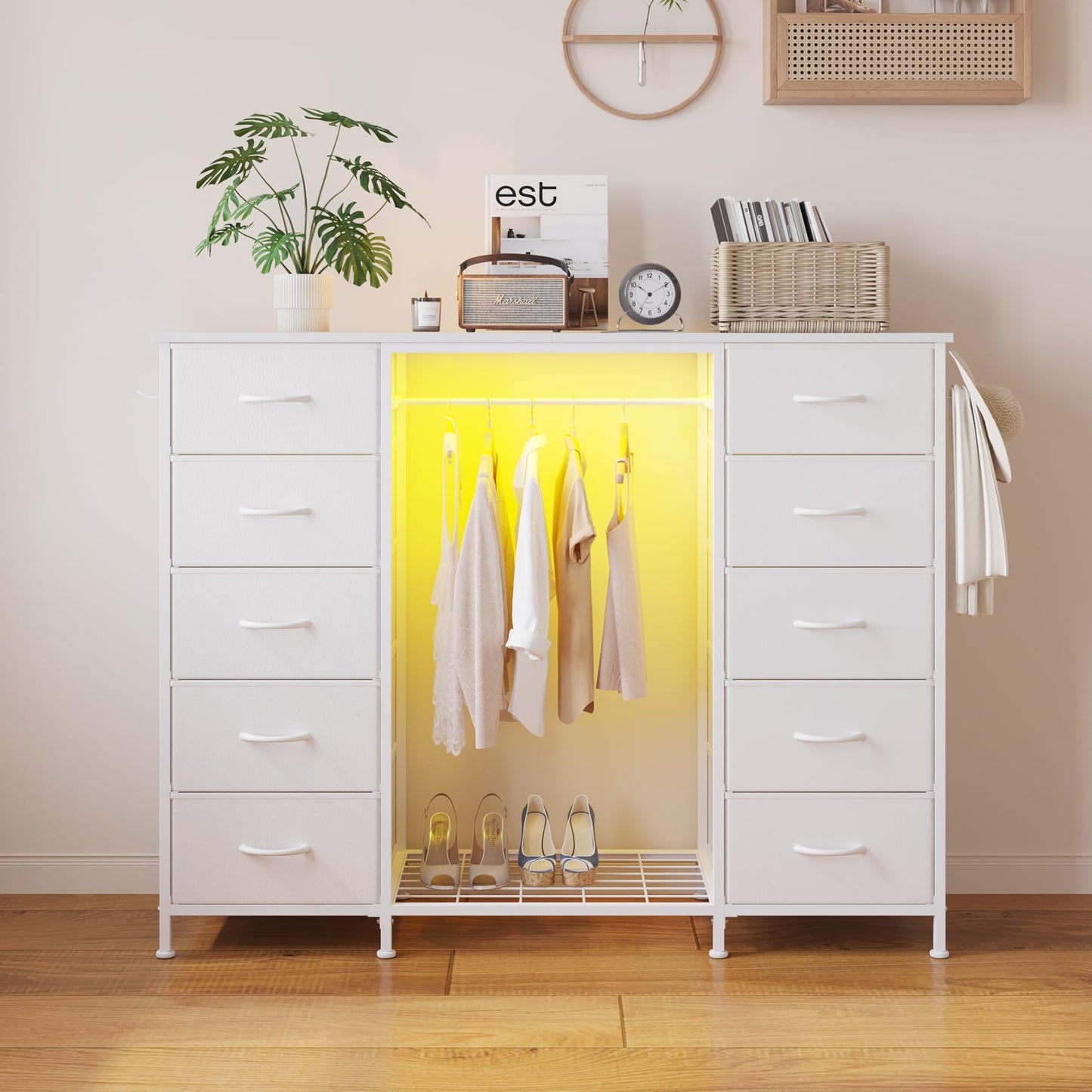 LUMTOK 55" W 2-in-1 Dresser with Hanging Rack, 10 Drawers Dresser for Bedroom, White Drawer Dressers with LED Lights, Charging Station and Hanging Racks for Bedroom