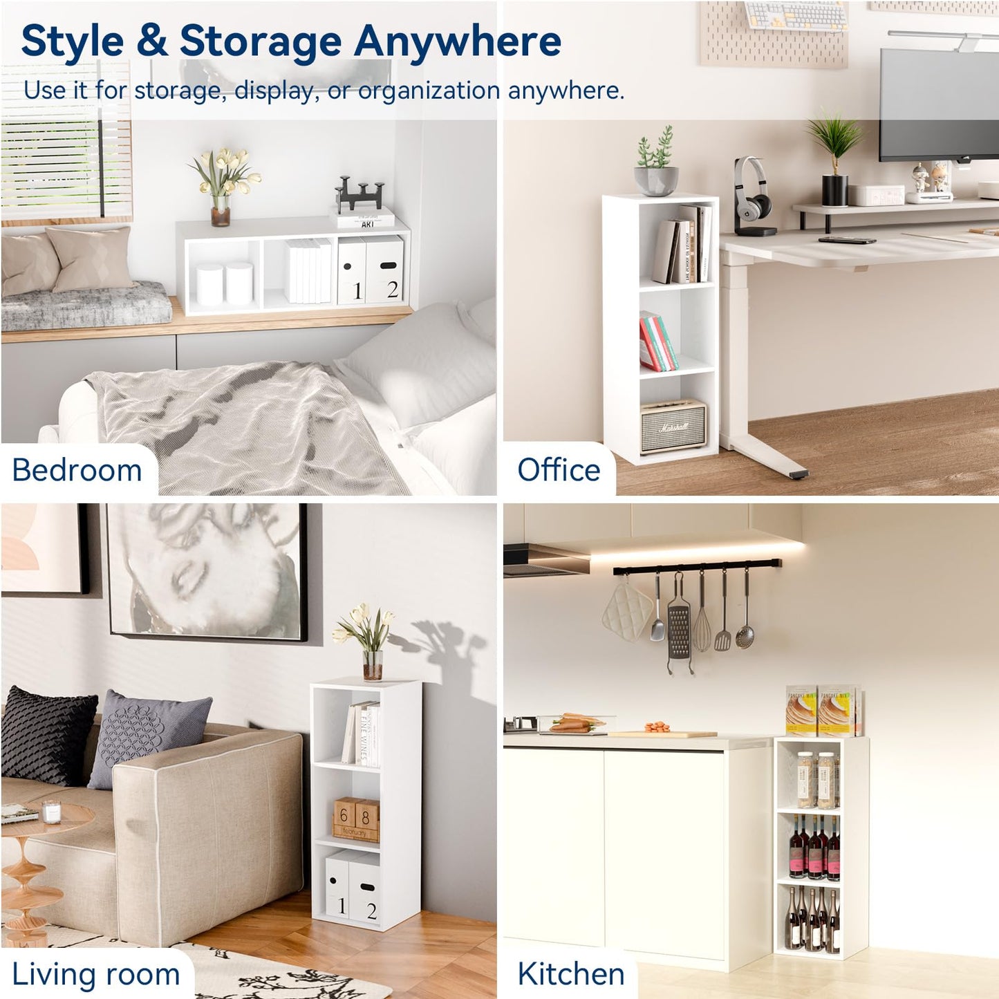 Whitmor 3 Cube Storage Organizer, Small Bookshelf, 3 Cube Shelf Book Shelf with Open Shelves for Room Decor, Stackable MDF Wood Cube Shelf Bookcase Storage Cabinet, White, 12.2" L x 11.7" W x 35.6" H