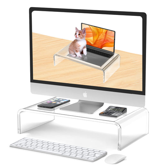 Beimu Acrylic Monitor Stand Riser L14''xW7.5''xH4'' Acrylic Laptop Stand for Desk Clear Computer Monitor Stand for Desk Accessories White Aesthetic Decorations for Office Home iMac Organizer