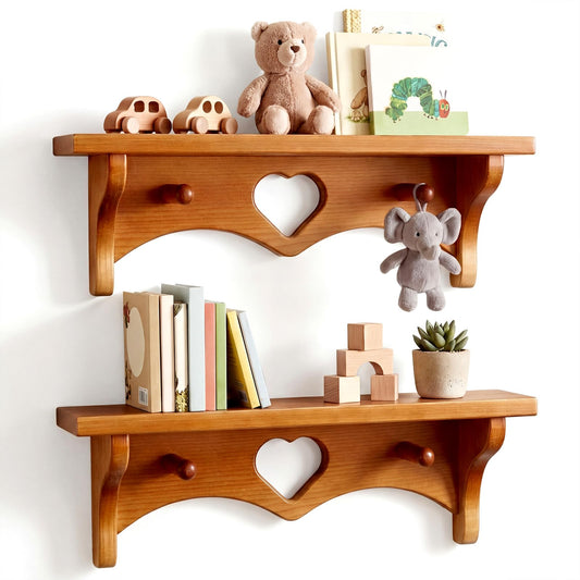 Novabright 2 Pcs Wooden Heart Shelves 16" Vintage Floating Shelf with Hooks Pine Wood Coat Rack Wall Mounted Hanging Shelf for Living Room Bedroom Bathroom Home Decor(Peach Wood Color)