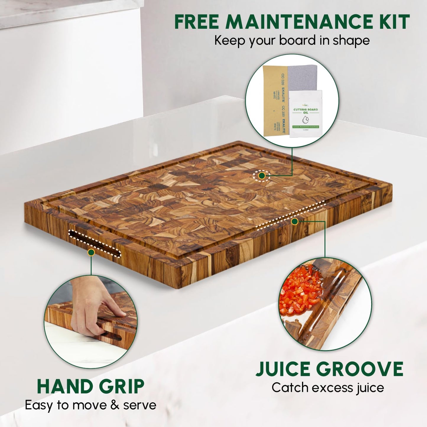 BEEFURNI Teak Wood End Grain Cutting Board (XL, 24x17x1.5"), Extra Large Wooden Cutting Board for Kitchen, Charcuterie Boards, High Quality Wood Cutting Board, Gift Box Included, 1-Year Warranty