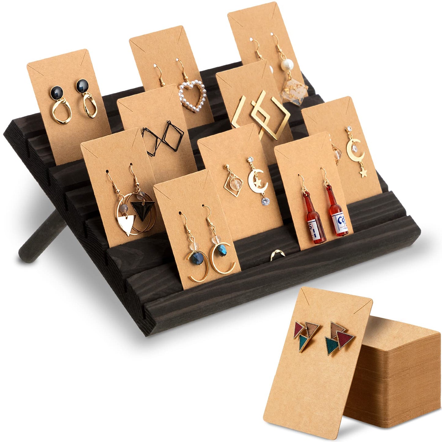 Blulu 31 Pack Wooden Earring Display Stand 7 Slots jewelry Display Holder with Earring Card for Selling Vendors Retail Show(Black Gray)