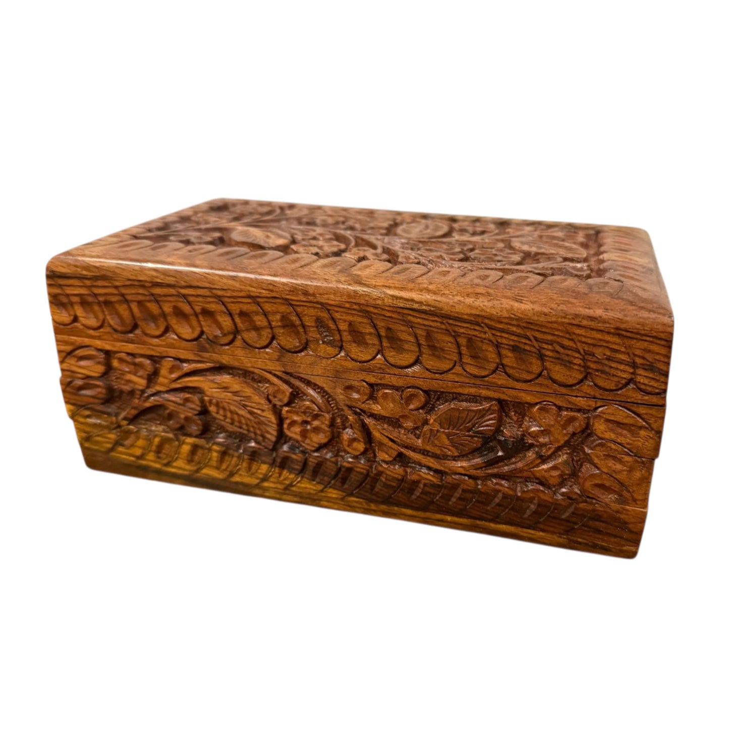 Handcrafted Wooden Jewelry Box – Floral Carvings, Secret Child-Resistant Lock, 7" Tabletop Trinket Holder – Ideal Valentine's Gift for Earrings, Rings, Necklaces, and Keepsakes