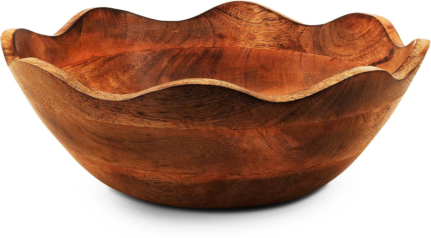 Mother's Day Handmade Large Wooden Bowl Mango Wood Decorative Bowl for Veggies, Fruits Wooden Serving Scalloped Bowl Modern Rustic Home Decorations Home Party Wedding Décor 12 x 4.5 x 11 Inches