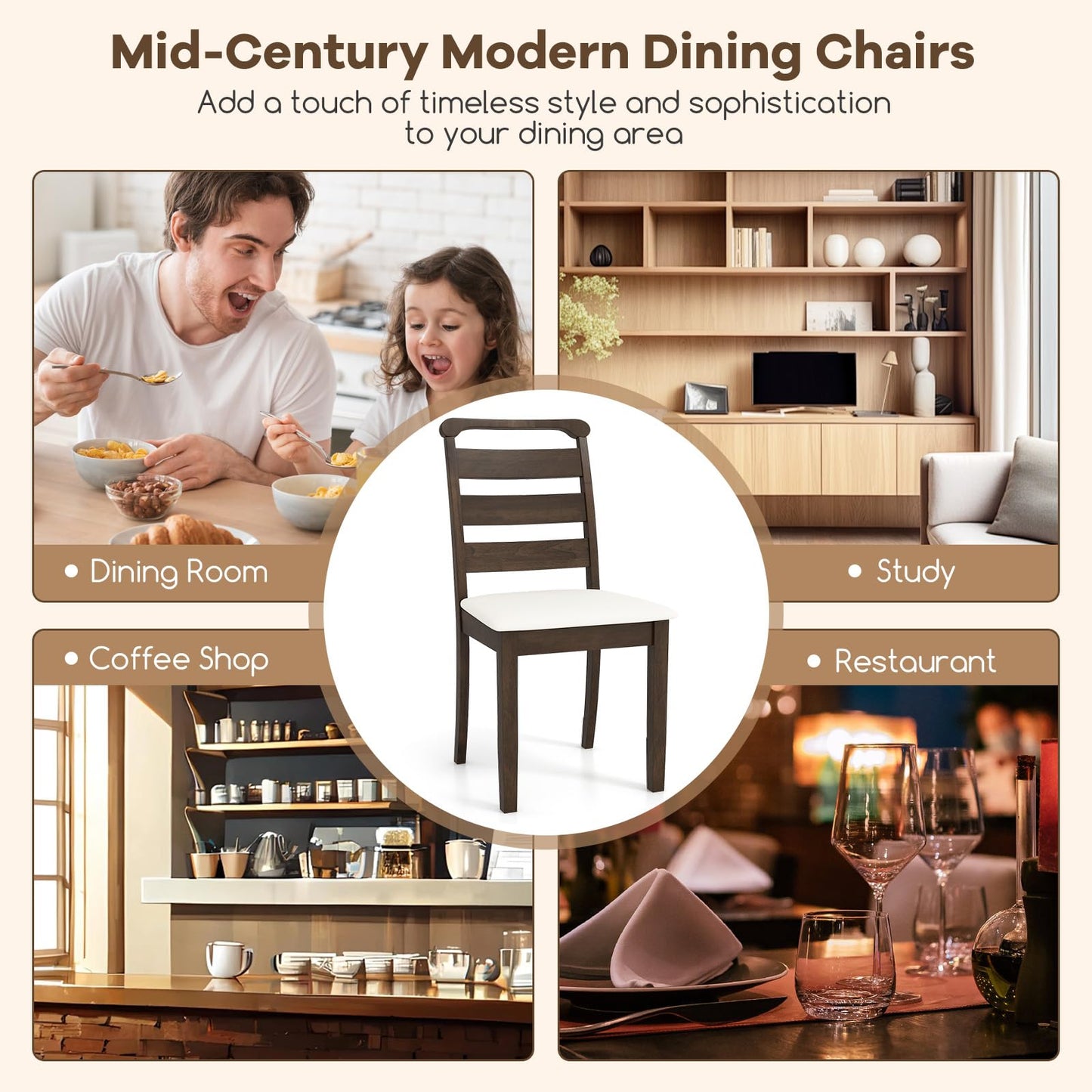 Giantex Wooden Dining Chairs Set of 2, Upholstered Kitchen Chairs w/Rubber Wood Frame, Padded Seat, High Ladder Back, Mid-Century Accent Armless Chairs, Modern Side Chairs for Living Room