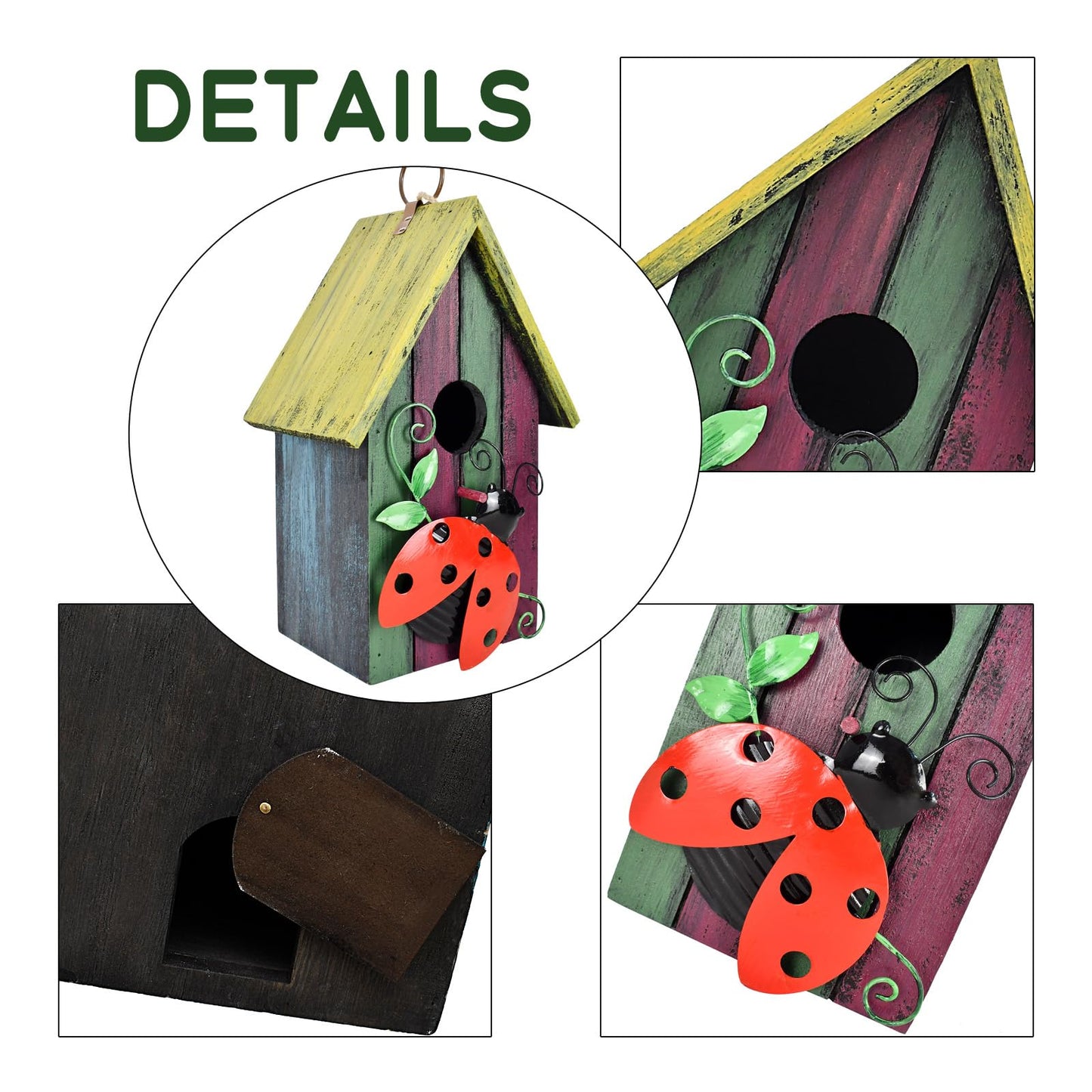 Wooden Decorative Birdhouse Hanging Bird House Hand Painted Birds Box Outdoor Garden Decor Bird Feeder for Finch Hummingbird Cardinals Bluebirds Sparrows Chickadees (Ladybug)