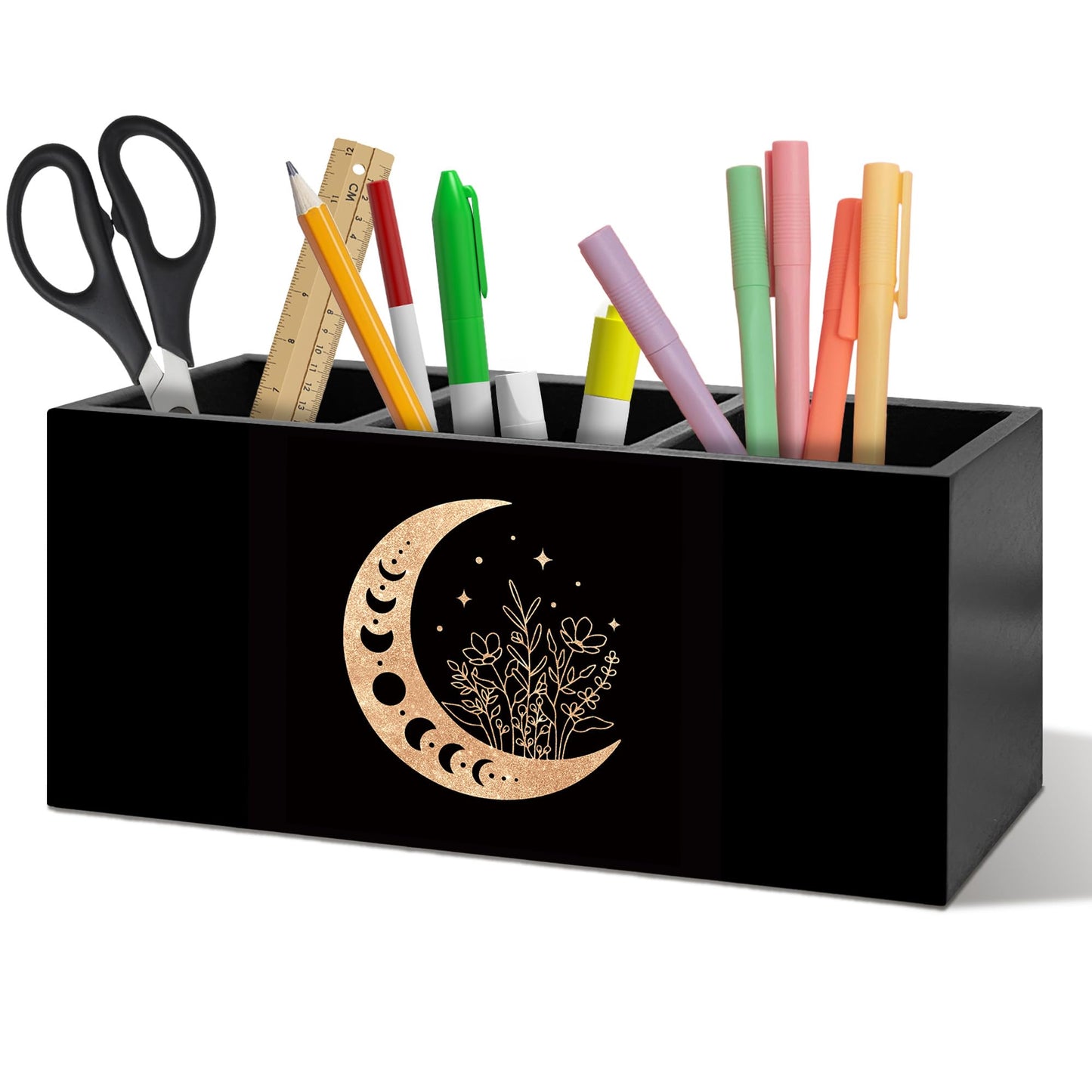 ANIANG Witchy Floral Moon Pen Holder Organizer Desk Decor, Witchy Room Decor, Boho Black Gold Celestial Crescent Moon Phase Wooden Pen Pencil Holders for Home Office Desk Accessories
