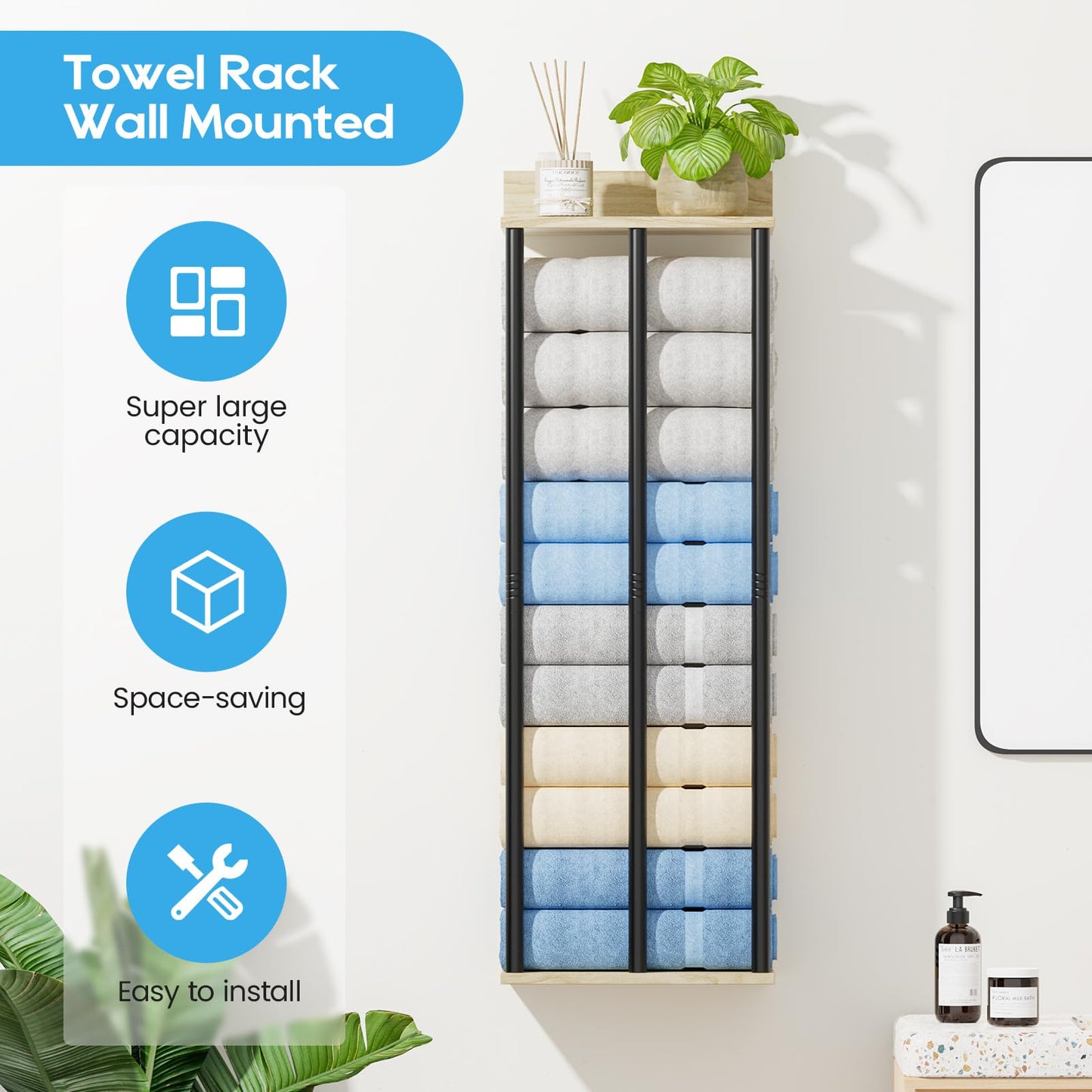 WeGXY Towel Racks for Bathroom Wall Mounted, 3 Bar Wall Towel Rack for Rolled Towels, Metal Towel Holder with Wooden Shelf, Sturdy and Large Capacity, Towel Storage Organizer