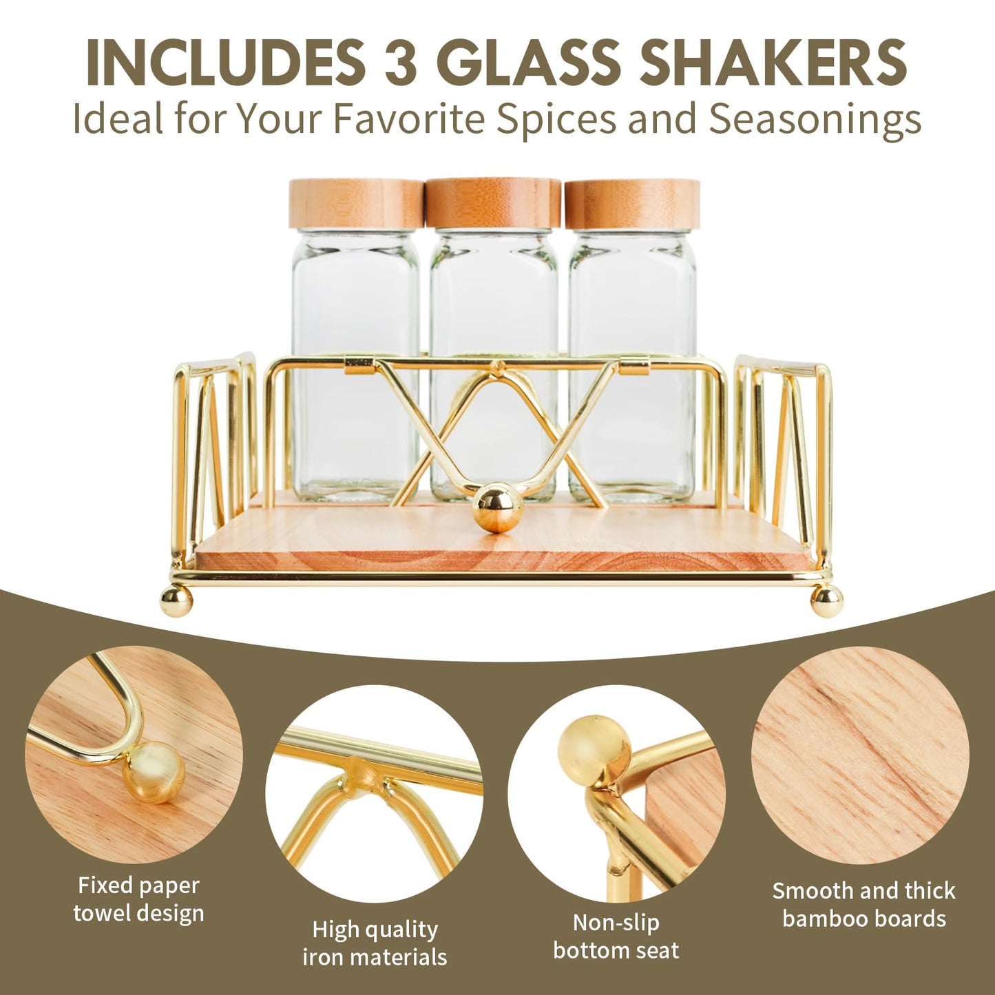 4 Piece Set Metal Napkin Holder with Salt and Pepper Shakers,Wooden Base,Modern Flat Gold Napkin Holder for Table,for Kitchen Table Decor,Cocktail,Bathroom,Party(Gold)