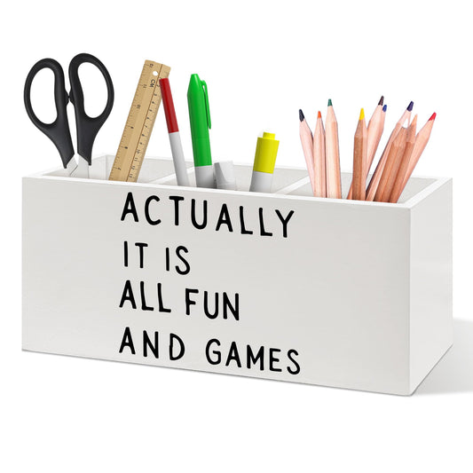 DUXMNAMG Funny Pen Holder, Actually It Is All Fun and Games Funny Office Pen Pencil Holder Organizer for Desk Accessories, Trendy Minimalist Wooden Box Desk Decor for Home Office Desk Decorations