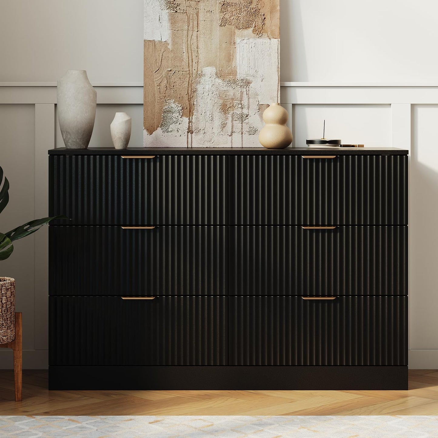 MALOL Modern Fluted 6 Drawer Dresser, Wide Wooden Storage Cabinet with Metal Handles, Silent Glide Drawers, Anti-Tip Chest for Bedroom, Living Room, Black, 47 Inch