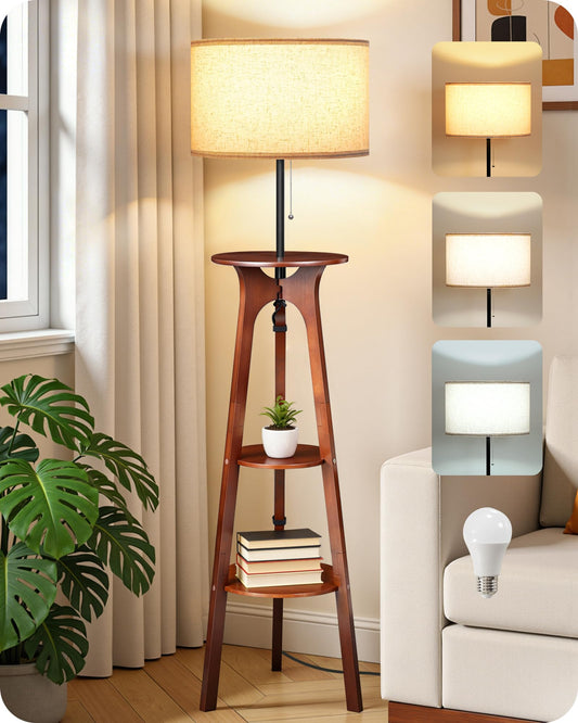 GOEBLESON 3 Tier Shelf Floor Lamps, Wood Tripod Floor Lamp, Large Linen Lampshade, 3 Color Temperature LED Bulb Included, Modern Shelf Floor Lamp for Living Room Bedroom Beige and Walnut STE25LD05