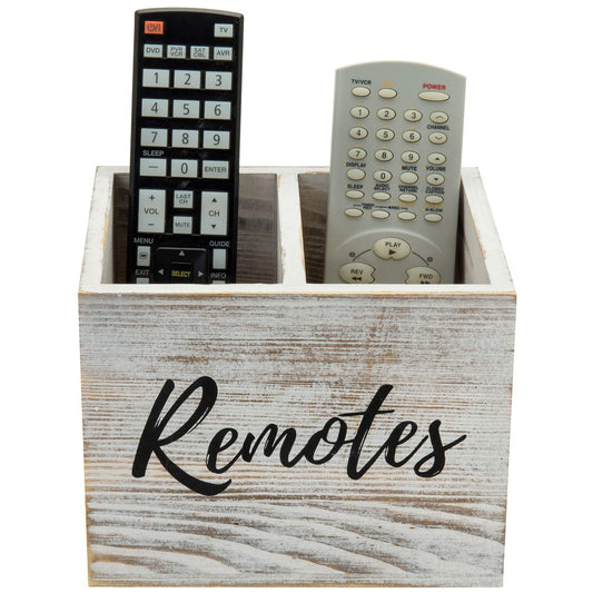 MyGift Remote Control Holder,TV Remote Holder,Wood Remote Caddy for Table,2 Large Compartment,Shabby Whitewashed Solid Wood with Black Cursive Remotes Label