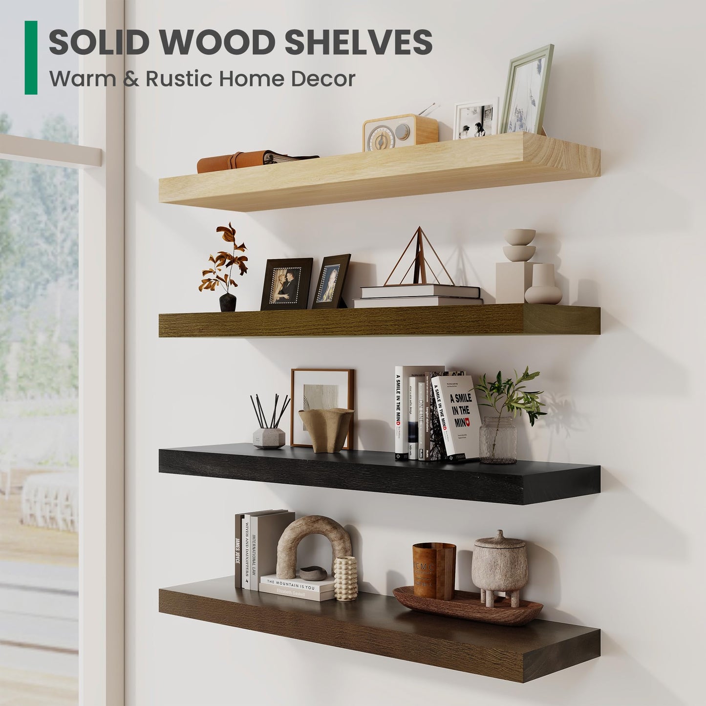 Solid Wood Floating Shelves For Wall, 48”W x 9”D x 1.56”H Large Wall Shelves for Living Room Bedroom Bathroom Kitchen Drcor Storage with Invisible Heavy-Duty Metal Bracket, Natural, Set of 1